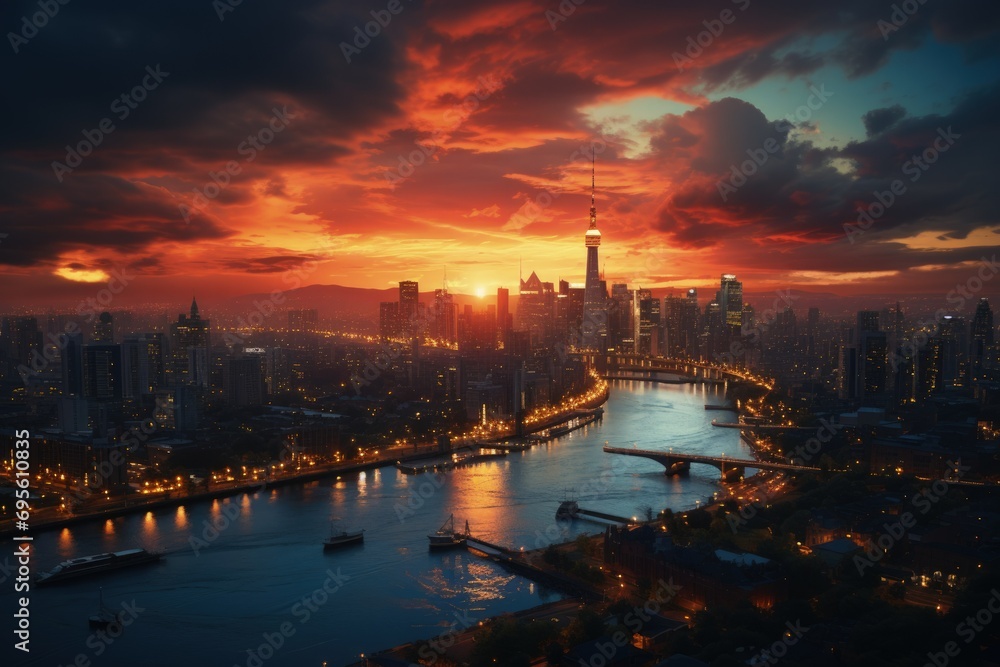 Majestic Urban Sunset: A city skyline against a dramatic sunset reflects the grandeur and pulse of urban life.

