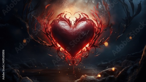  a heart shaped object in the middle of a dark forest with fire coming out of the center of the heart.