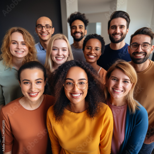 Diverse and happy professional team in a close-up group portrait, signifying inclusivity.