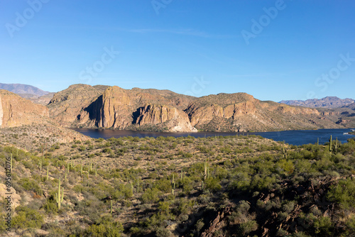 Canyon Lake, Reservoirs Formed by Damming of Salt River in US, Arizona, Salt River Project. Landscape, Superstition Wilderness Area, Apache Trail, Tonto National Forest, Maricopa County photo