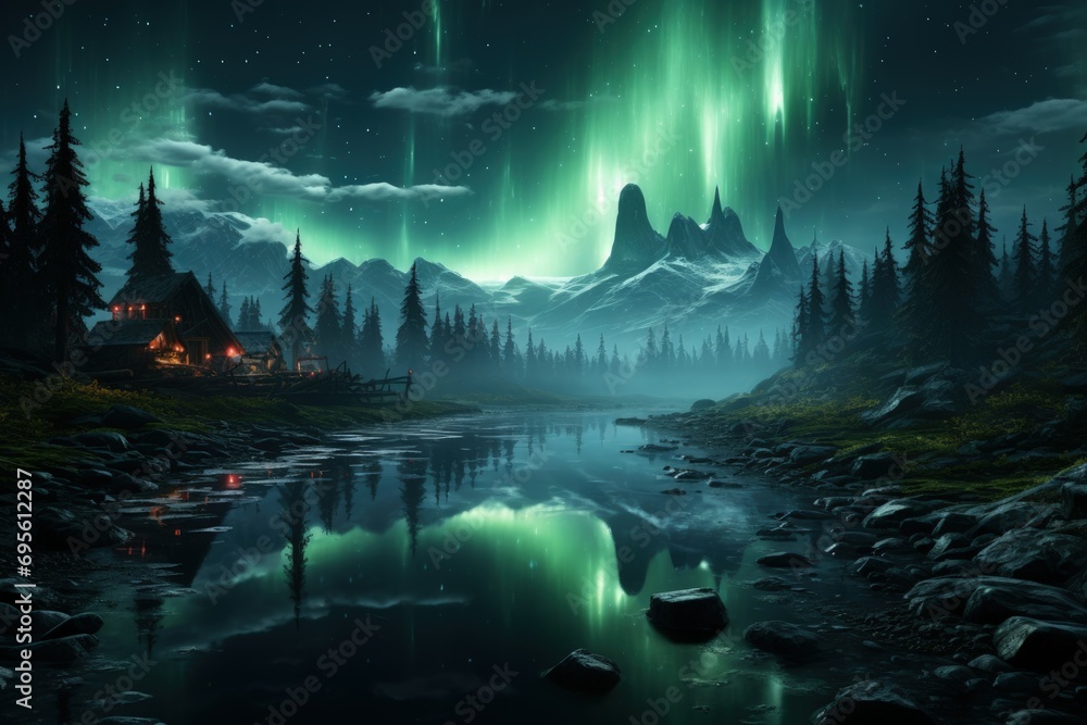 Mystical northern lights over a serene riverside village, depicting natural wonder and peaceful habitation.