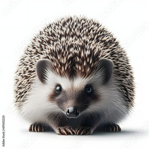 Cute adult African pygmy hedgehog, standing facing front. Looking straight to camera. Isolated on a White background.