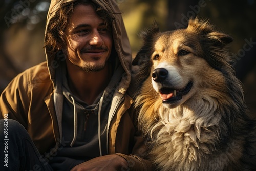 Man and his loyal dog enjoying a golden hour moment, symbolizing companionship and serene bonding. © ZenOcean_DigitalArts