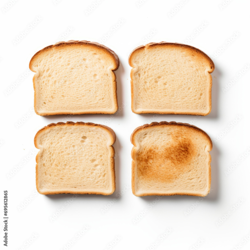 Four slices of toast in varying degrees of toasting, isolated on a white background. Four slices of toast in varying degrees of toasting, isolated on a white background.