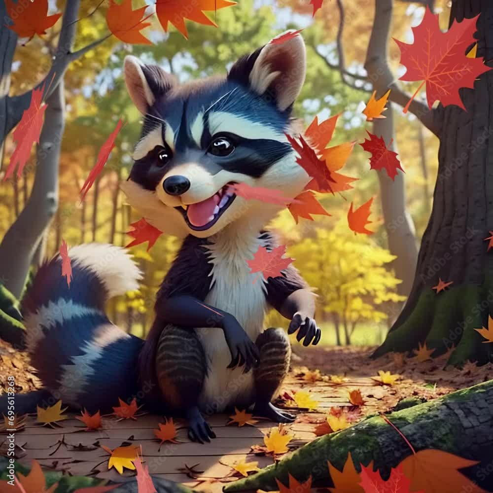 Leaf Racoon Cartoon Raccoon with Falling Leaves. Generative AI. Morphing animation ...