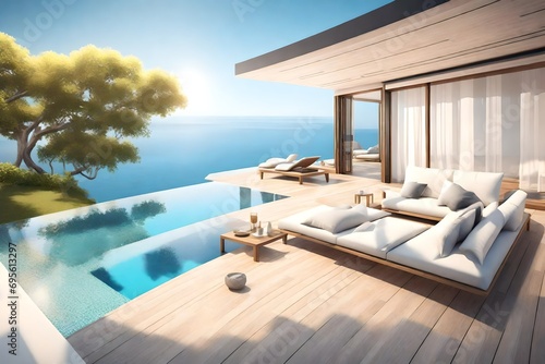 Relaxing summer, Sunbathing deck and private swimming pool with near beach and panoramic sea view at luxury house /3d rendering © Malik