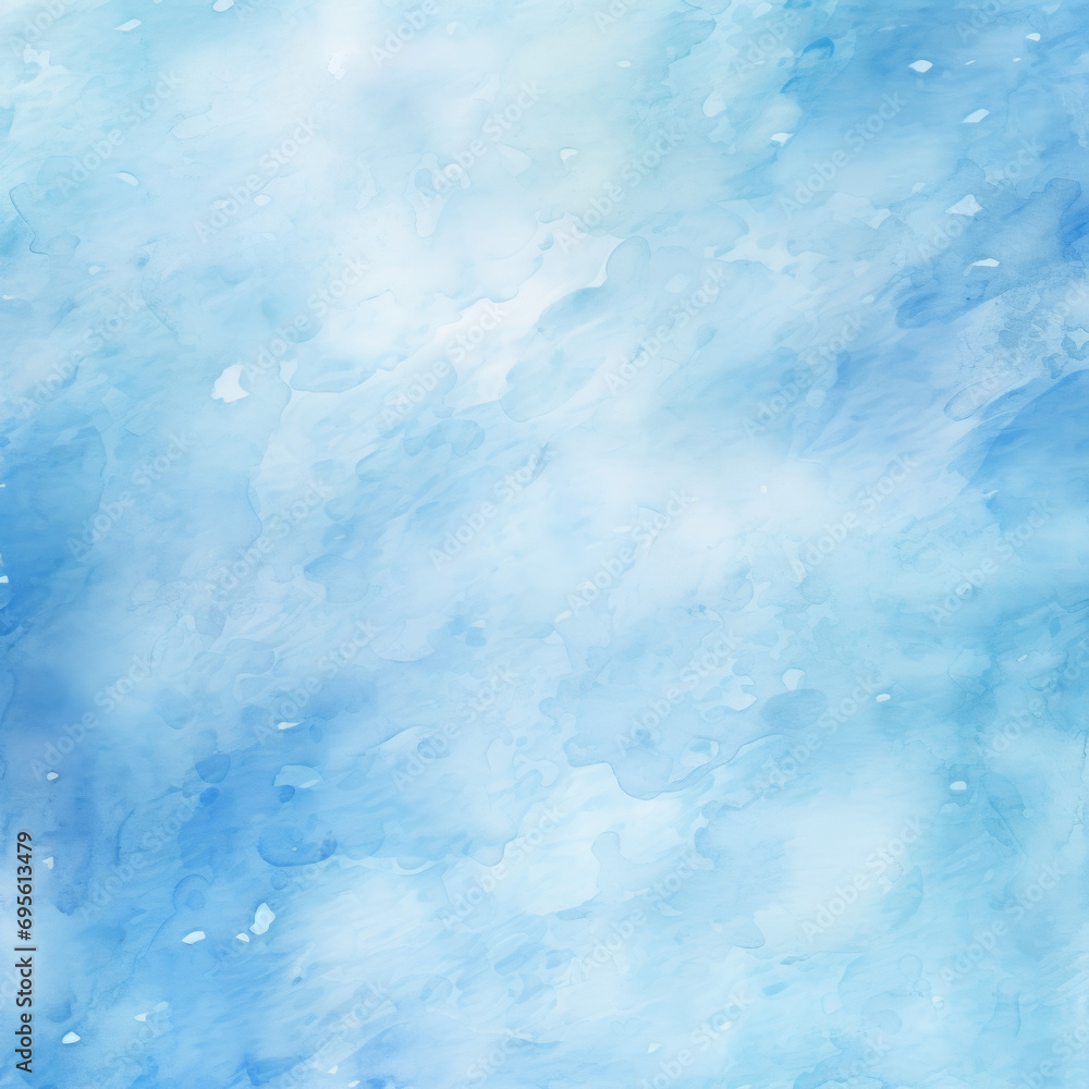 Abstract blue watercolor background with soft cloud-like patterns and paint splatters