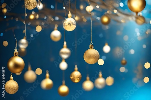 luces decorativas de navidad doradas sobre fondo azul desenfocado photo