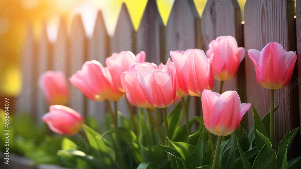  a group of pink tulips in front of a wooden fence with the sun shining on the fence behind them.