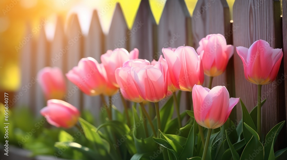 Fototapeta premium a group of pink tulips in front of a wooden fence with the sun shining on the fence behind them.