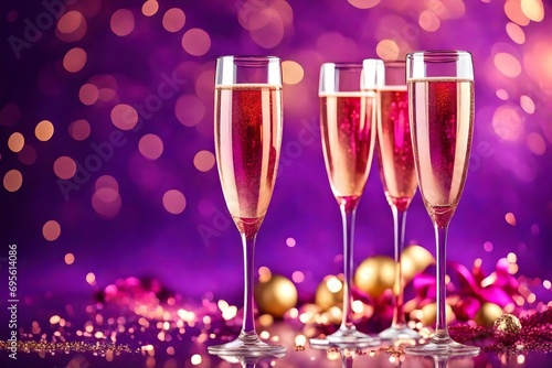 dos copas con champán rosa para brindar en año nuevo, San Valentin o aniversario, sobre fondo morado y dorado desenfocado