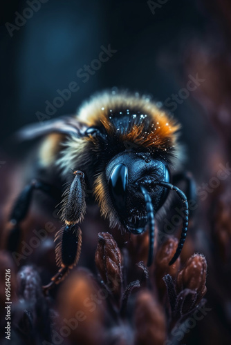 Macro shot of a bumble bee playing at flower created with Generative Ai photo
