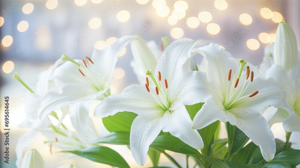  a vase filled with white lilies sitting on top of a table next to a wall covered in christmas lights.