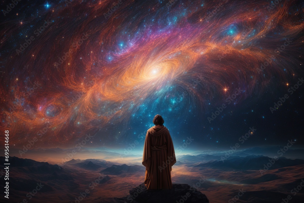 person con contemplating the universe - obrazy, fototapety, plakaty 