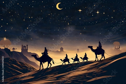 fondo dibujado con siluetas de los reyes magos de oriente sobre sus camellos cabalgando por el desierto en una noche con el cielo estrellado