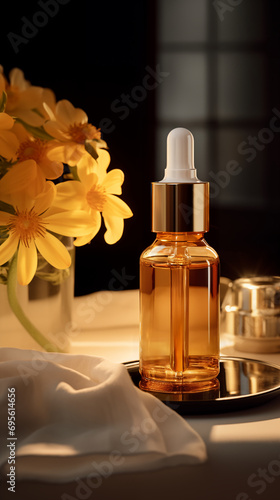 A bottle of serum takes center stage on a white table adorned with yellow flowers. Realistic chiaroscuro lighting unfolds, exuding luxurious opulence.  photo