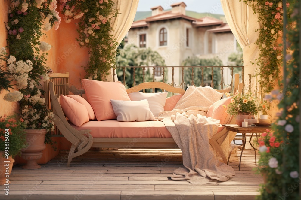 A Cozy balcony in peach fuzz color.Couch Surrounded by Greenery Created With Generative AI Technology