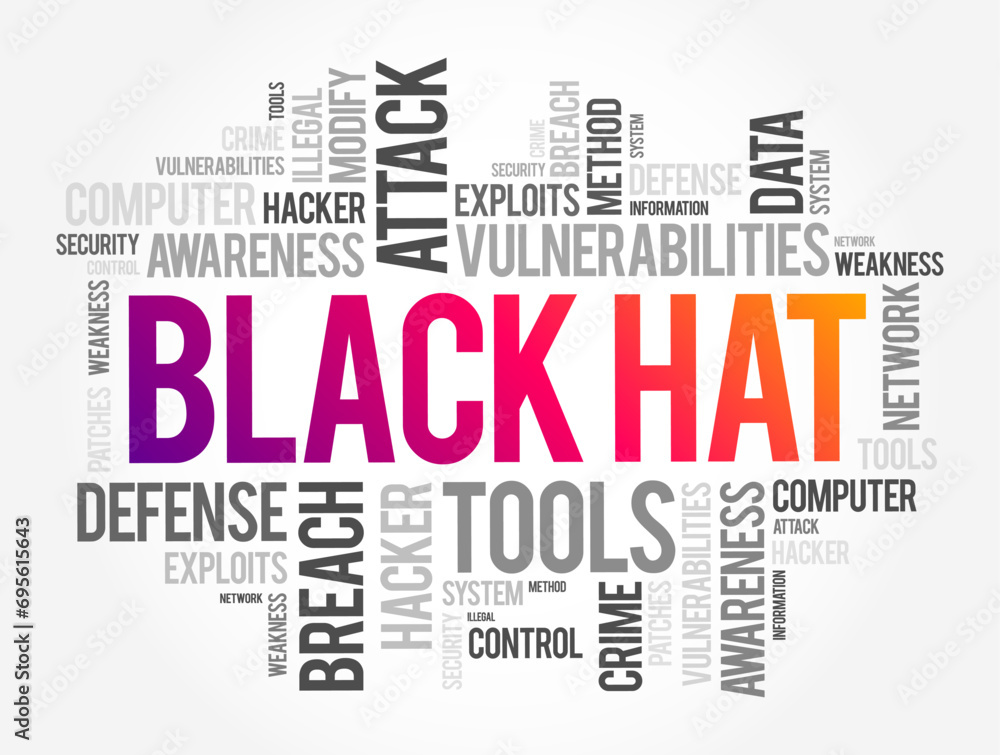 Black Hat is a hacker who violates computer security for their own personal profit or out of malice, word cloud concept background