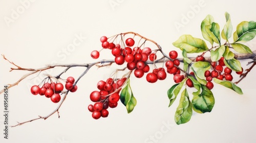  a painting of a branch with red berries and green leaves, on a white background, with a white wall in the background.