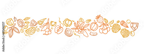 Granola hand drawn vector set. Crunches. Oats with fruits, berries, nuts, cocoa, tasty cereal ingredients.