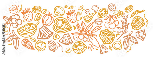 Granola hand drawn vector set. Crunches. Oats with fruits, berries, nuts, cocoa, tasty cereal ingredients.