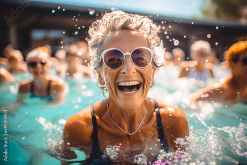 Elderly happy women do aqua aerobics in the indoor pool. Group of elder women at aqua gym session