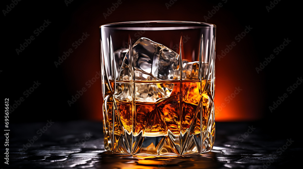Cinematically lit old - fashioned whiskey with ice, with a bokeh background of dimly lit bottles. Backlit background Cinematically lit old - fashioned whiskey with ice, with a bokeh background of dimly lit bottles. Backlit background