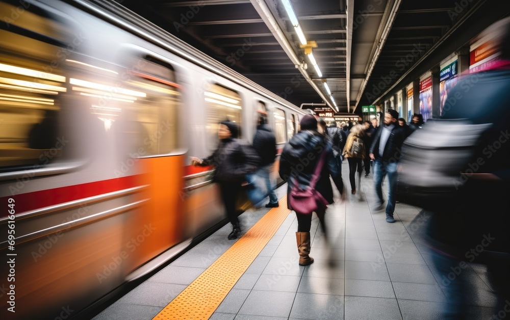 Colorful blur of people descending from a subway train onto the platform, vibrancy of urban life Colorful blur of people descending from a subway train onto the platform, vibrancy of urban life