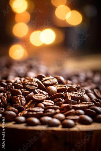 coffee beans scattered on a wooden table with nice bokeh