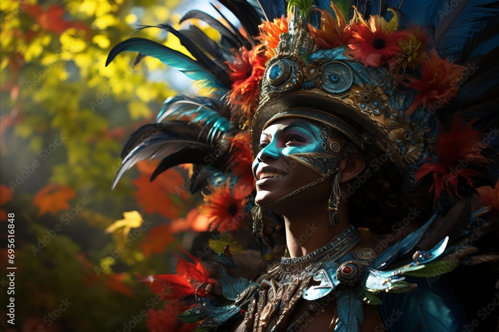 Gorgeous Brazilian Woman in Colorful Carnival Costume at Festive Street Procession in the City