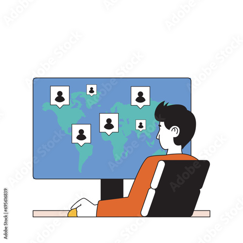 Social network concept with cartoon people in flat design for web. Man connecting with global friends online from computer program. Vector illustration for social media banner, marketing material.