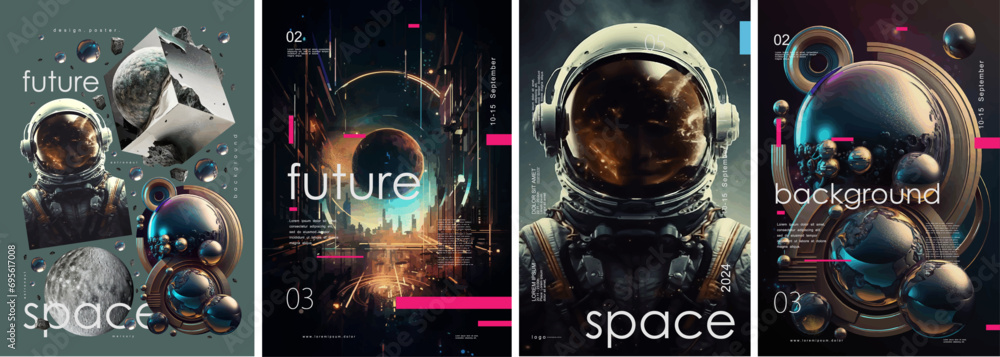 Space, future, background. Vector abstract illustration of an astronaut in a spacesuit, futuristic landscape, geometric metal abstraction for poster or flyer - obrazy, fototapety, plakaty 