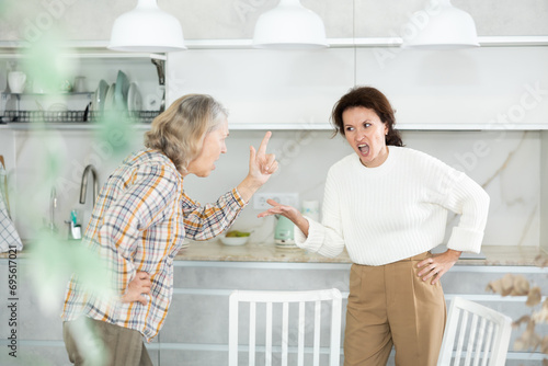 Two livid women brawling heatedly to each other in front of white kitchen cabinet photo