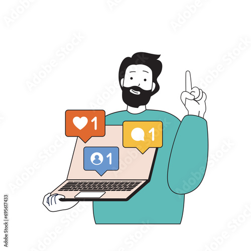 Social network concept with cartoon people in flat design for web. Man connecting online with followers and answering comments. Vector illustration for social media banner, marketing material.
