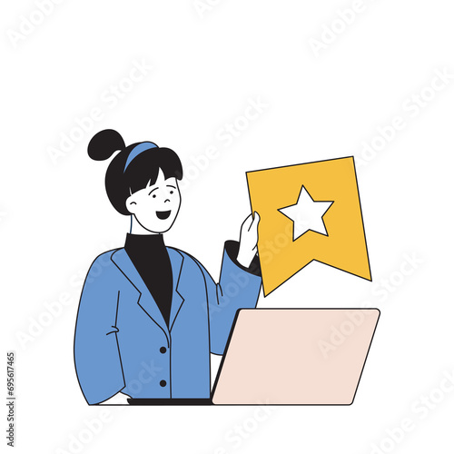 Social network concept with cartoon people in flat design for web. Woman connecting online, getting star feedback, answering comments. Vector illustration for social media banner, marketing material.
