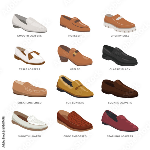 Set of different types of loafer collection, Female modern boots and shoes collection, Trendy sandals and sneakers and training shoes, Smooth, Horsebit, Chunky Sole, Tasle, Heeled, Classic, Shearling.
