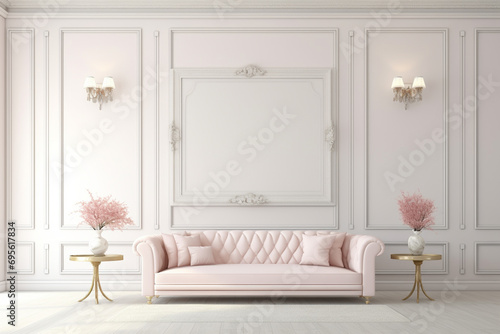 A luxurious living room with a pearl white wall, an elegant blank empty mockup frame, plush seating, and crystal chandeliers. 8k,