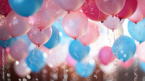 Baby gender reveal concept with pink and blue balloons at a party. Boy or girl. photo