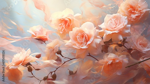 Beautiful bouquet of pink roses on a light background. Soft focus. Peach Fuzz color photo