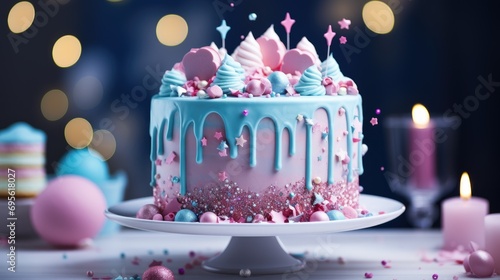 A festive cake with pink and blue icing and candies. Gender reveal concept. Boy or girl
