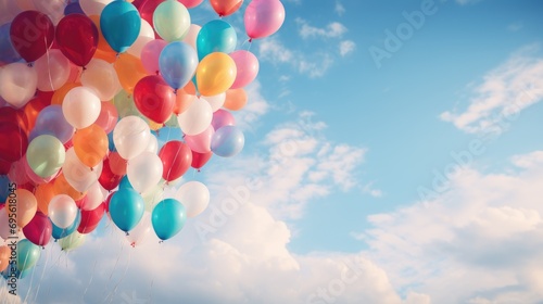 Colorful balloons flying on blue sky background with copy space