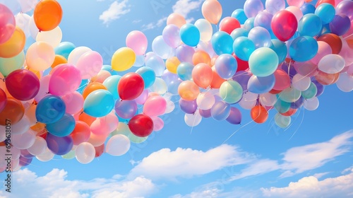 Colorful balloons flying on blue sky background  photo