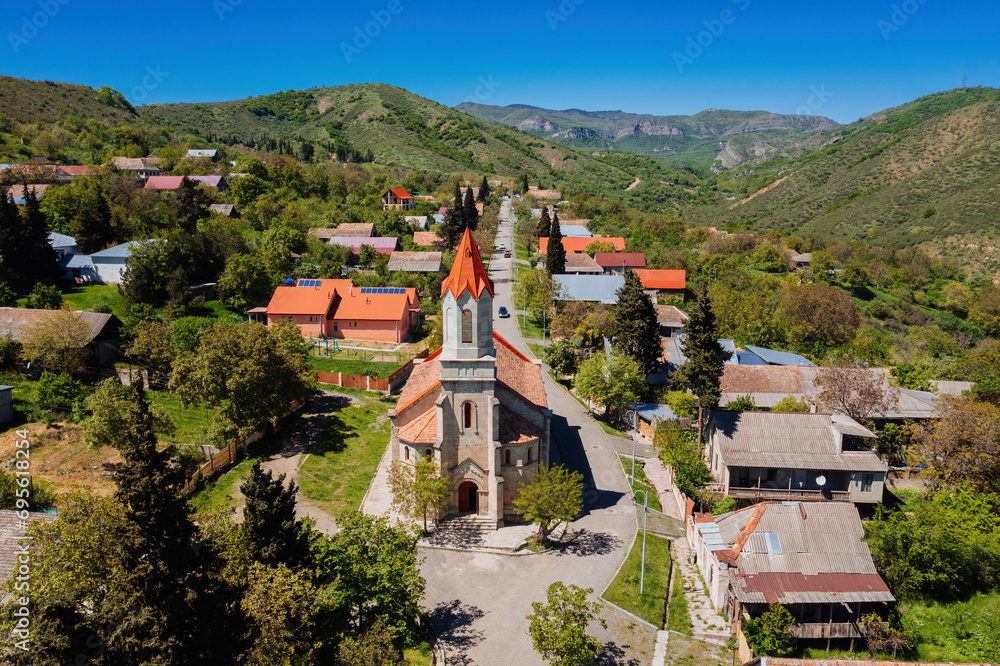 Former German village Elisabethtal Assureti in Georgia. Lutheran Church of the Redeemer, aerial view