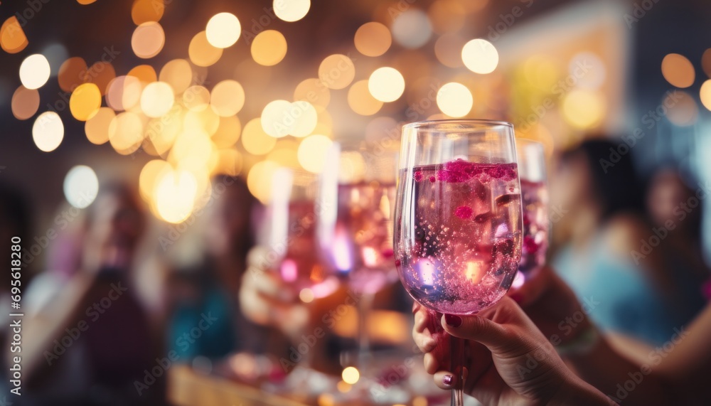 people in a party drinking glasses of sangria in background with colorful lights people in a party drinking glasses of sangria in background with colorful lights