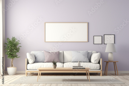 A Scandinavian-style living room with a soft lavender wall, a simple blank empty mockup frame, clean-lined furniture, and natural light. 8k,