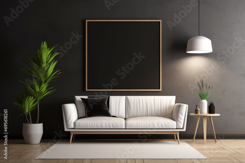 A sleek living room with a matte black wall, a minimalist blank empty mockup frame, modern furniture, and monochrome art. 8k,