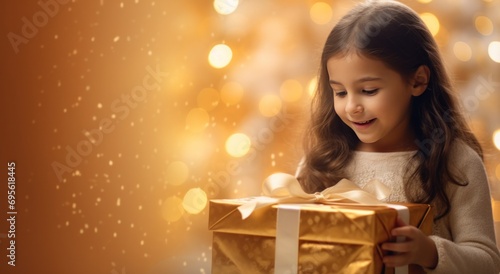 little girl opening a gold gift box next to christmas tree © ArtCookStudio