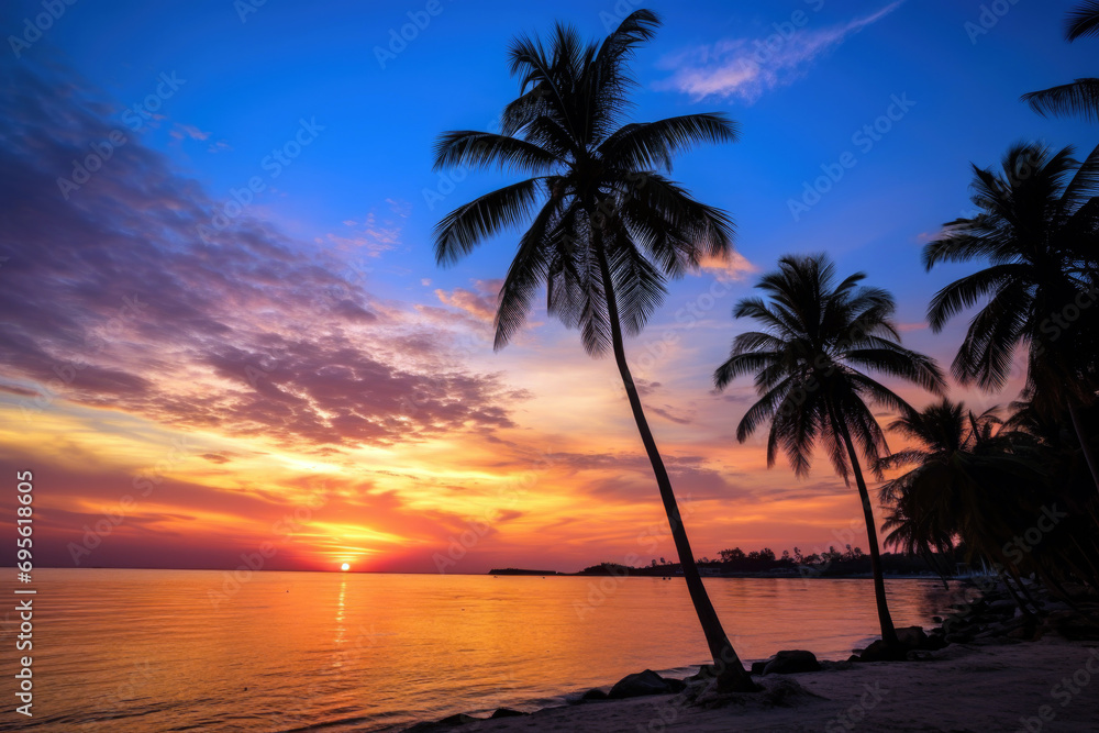 Sunset beach panorama with palm trees.