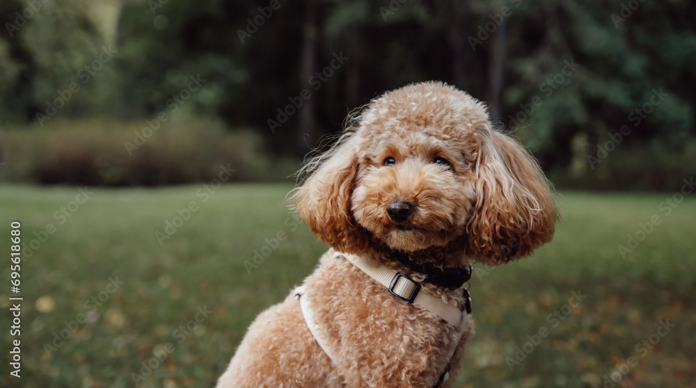 Closeup Portrait of cute happy toy poodle dog sitting on the grass in the park. Copyspace banner with place for text