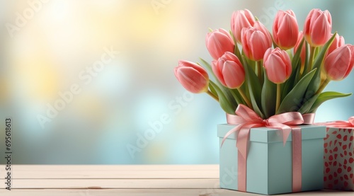gift and pink tulips on blue background #695618613